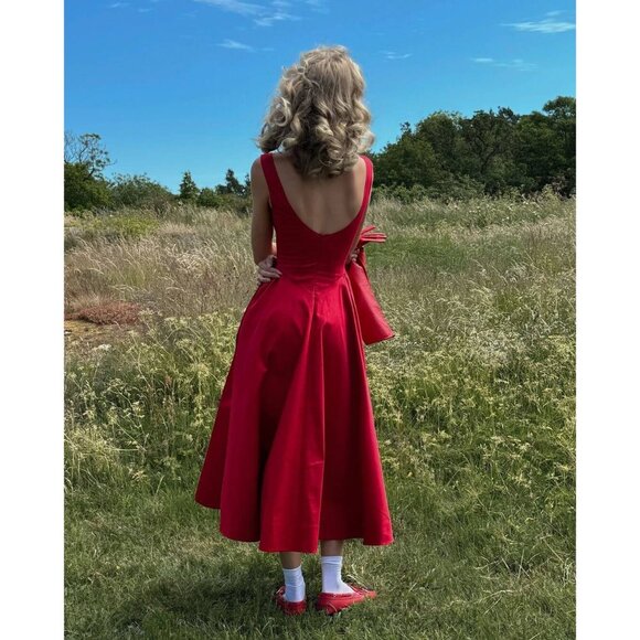 Helsa Stretch Cotton Sateen Midi Dress in Red Small New Womens Aline Fit n Flare - Picture 14 of 16